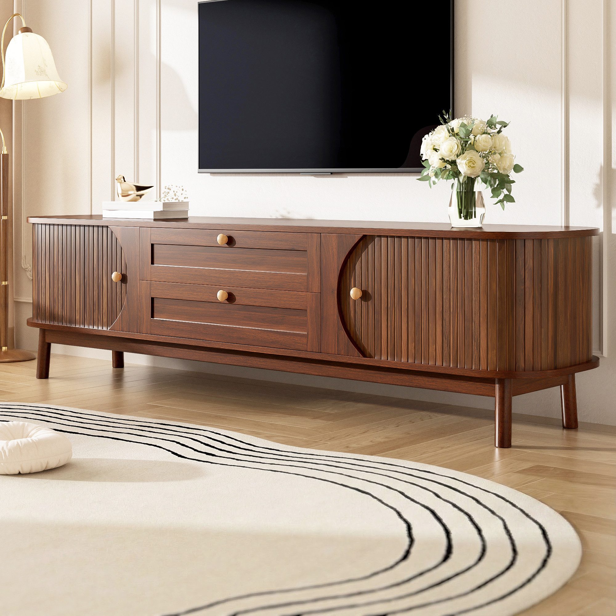 MODFU TV-Schrank Moderner TV-Schrank mit platzsparenden Schiebetüren (Packung, 1-St., In Nussbaum, 170x46x39,5 cm, Schubladen, 2 große Staufächer) Mit stabilen Beinen für eine aufgeräumte Medienpräsentation