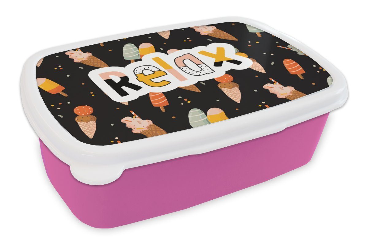 MuchoWow Lunchbox Sommer - Eiscreme - Schwarz, Kunststoff, (2-tlg), Brotbox für Erwachsene, Brotdose Kinder, Snackbox, Mädchen, Kunststoff rosa