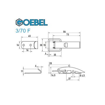 GOEBEL GmbH Kastenriegelschloss 5544502370, (100 x Spannverschluss mit Federsicherung 3/70F Kappenschloss, 100-tlg., Kistenverschluss - Kofferverschluss - Hebel Verschluss), gerader Grundtplatte inkl. Gegenhaken Edelstahl A2 (V2A)