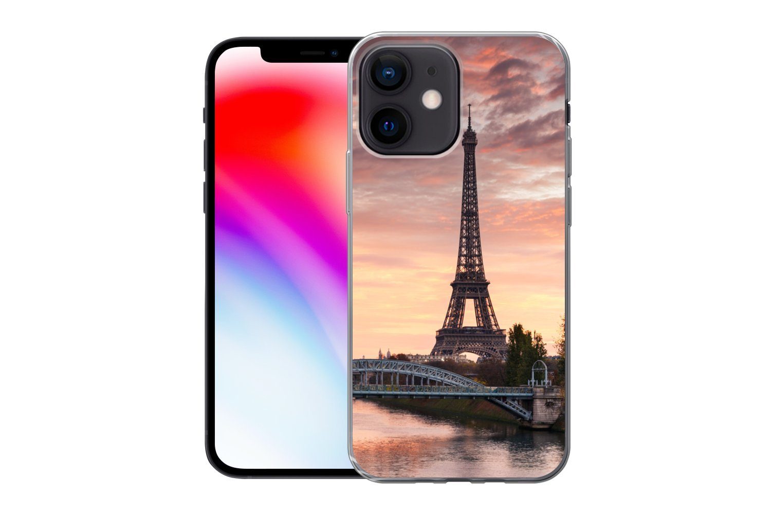 MuchoWow Handyhülle für Apple iPhone 12 Mini Paris - Eiffelturm - Brücke, Smartphone-Bumper, Print, Handy Schutzhülle Dünn