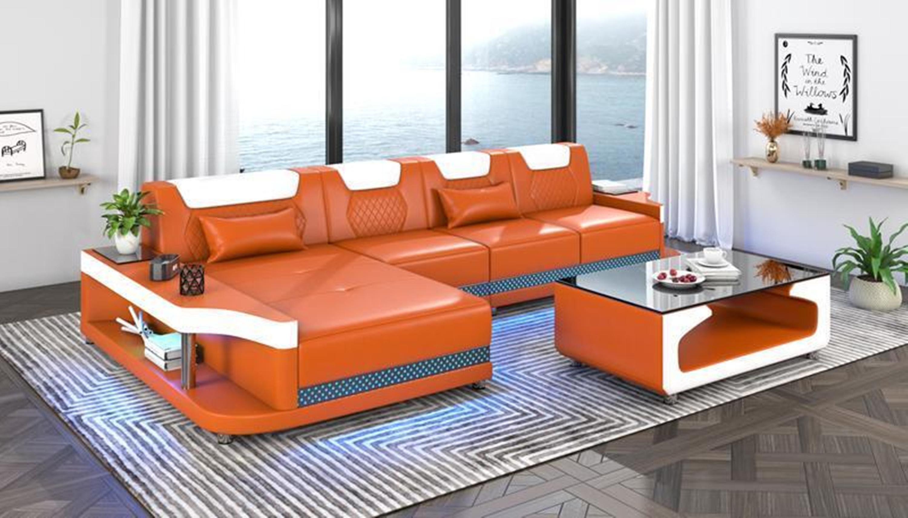 JVmoebel Ecksofa, Ecksofa Couchtisch + Form L Sofa Eckcouch Orange Wohnzimmer Design Möbel