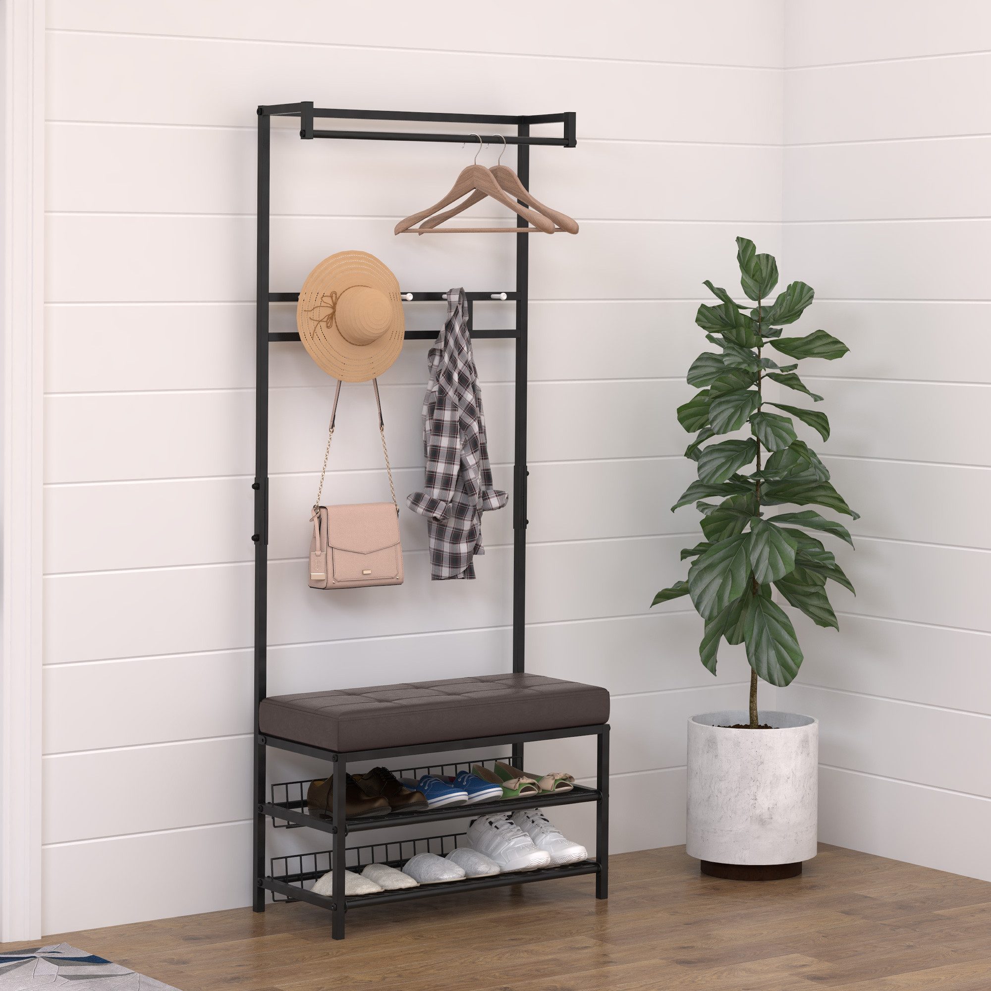 HOMCOM Garderobenständer Kleiderständer und Schuhbank mit 2 Ebenen für Flur, Schlafzimmer, (Kleidungsständer, 1 St., Sitzbank mit Kleiderständer), Metall, 72,5 x 35 x 180 cm