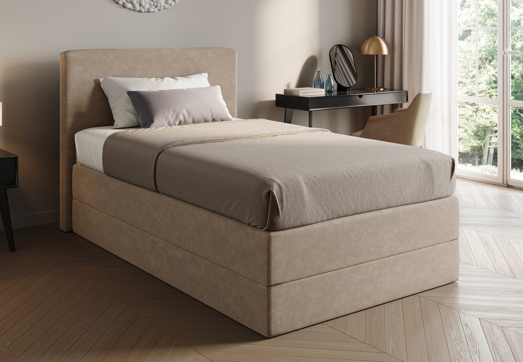 Home Collective Boxspringbett Polsterbett Bett Doppelbett mit wählbarer Matratze, viele Größen (90x200, 100x200, 120x200, 140x200, 160x200, 180x200, 200x200, modernes Design made in Germany), komfortable Liegehöhe, gepolstertes Kopfteil mit Velourbezug beige