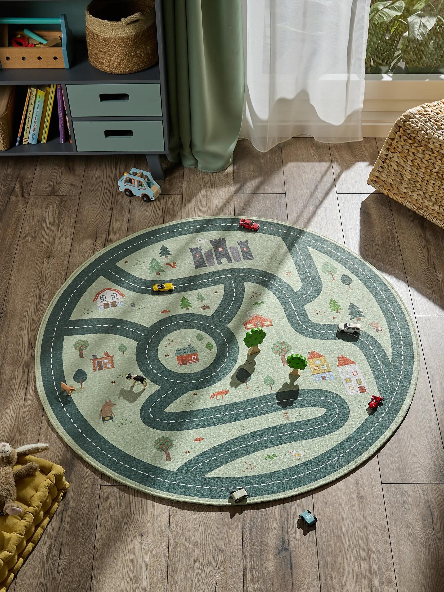 benuta Kinderteppich Linus, rund, Höhe: 5 mm, Kinderteppich, Teppich Kinderzimmer waschbar, Spielteppich