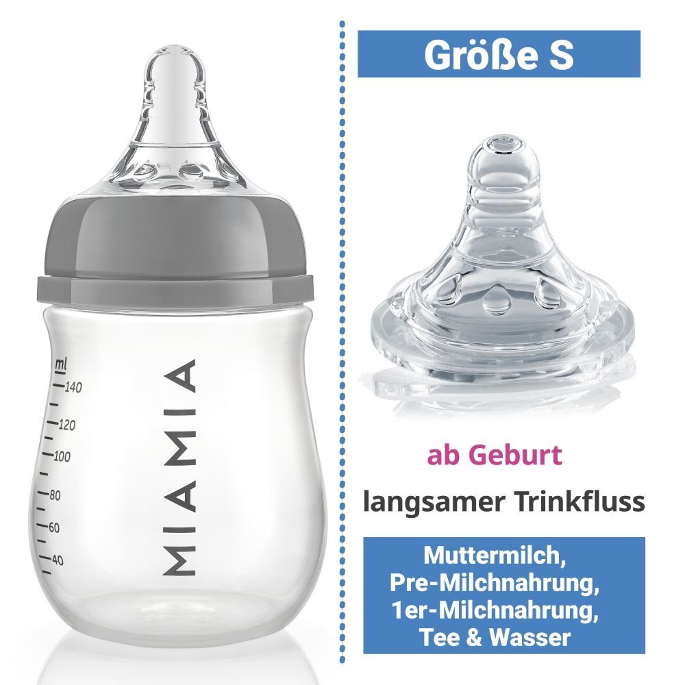 PP-Flasche Babyflasche 2er S Pack Silikon-Trinksauger Größe - 140 ml MiaMia + Babyflasche Grau,