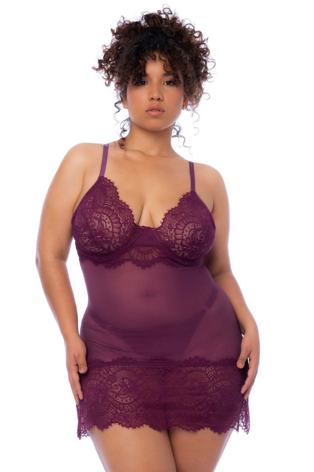 Negligé Lila Damen Dessous Chemise mit String Tanga transparentes Set aus Nach