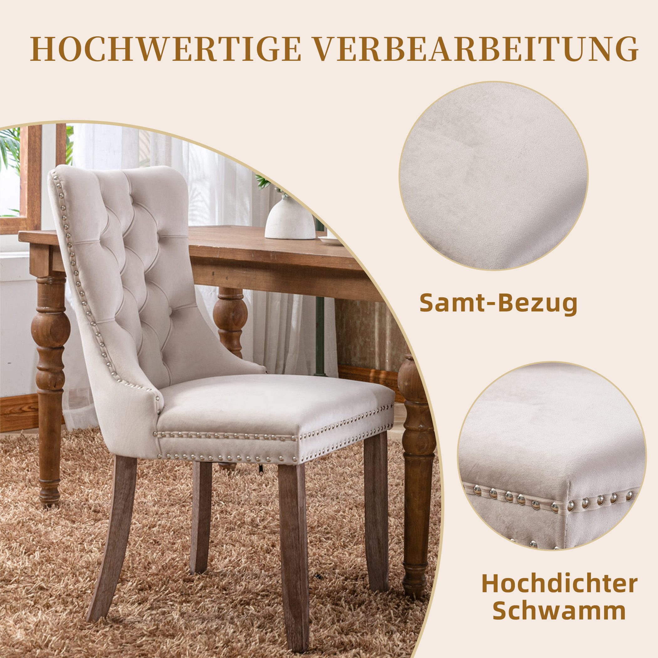 SeedWave Esszimmerstuhl 2er-Set Küchenstuhl Samtbezug, Holzfüße mit Verstellbaren Schrauben, Polsterstuhl mit Ringgriff, Niete und Knopf-Rückenlehne