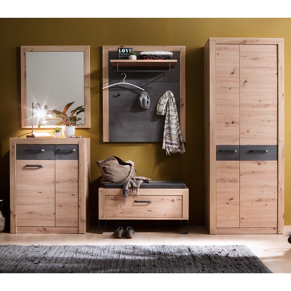 Lomadox Шкафы-Set IOLA-05, (Spar-Set, 5-St., Kommode Spiegel Шкафыbank Шкафыpaneel Flurschrank), in Eiche, grau Flurgarderobe Шкафыmöbel modern