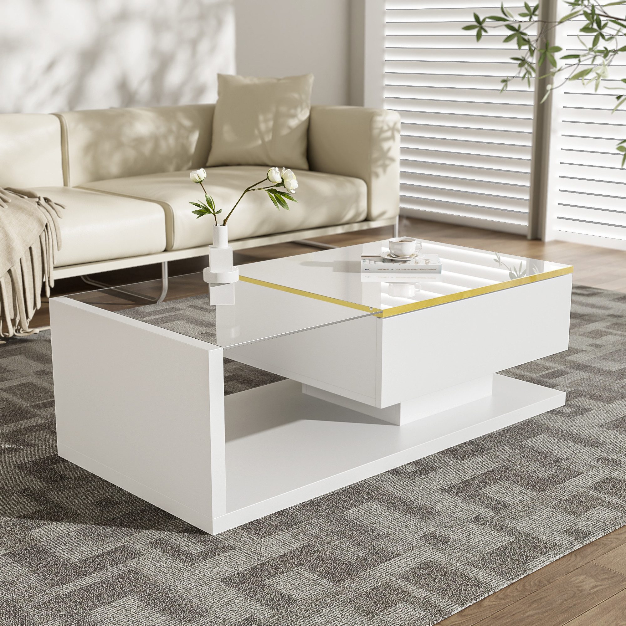 Merax Couchtisch hochglanz Beistelltisch mit Stauraum und Glastischplatte ( günstig online kaufen