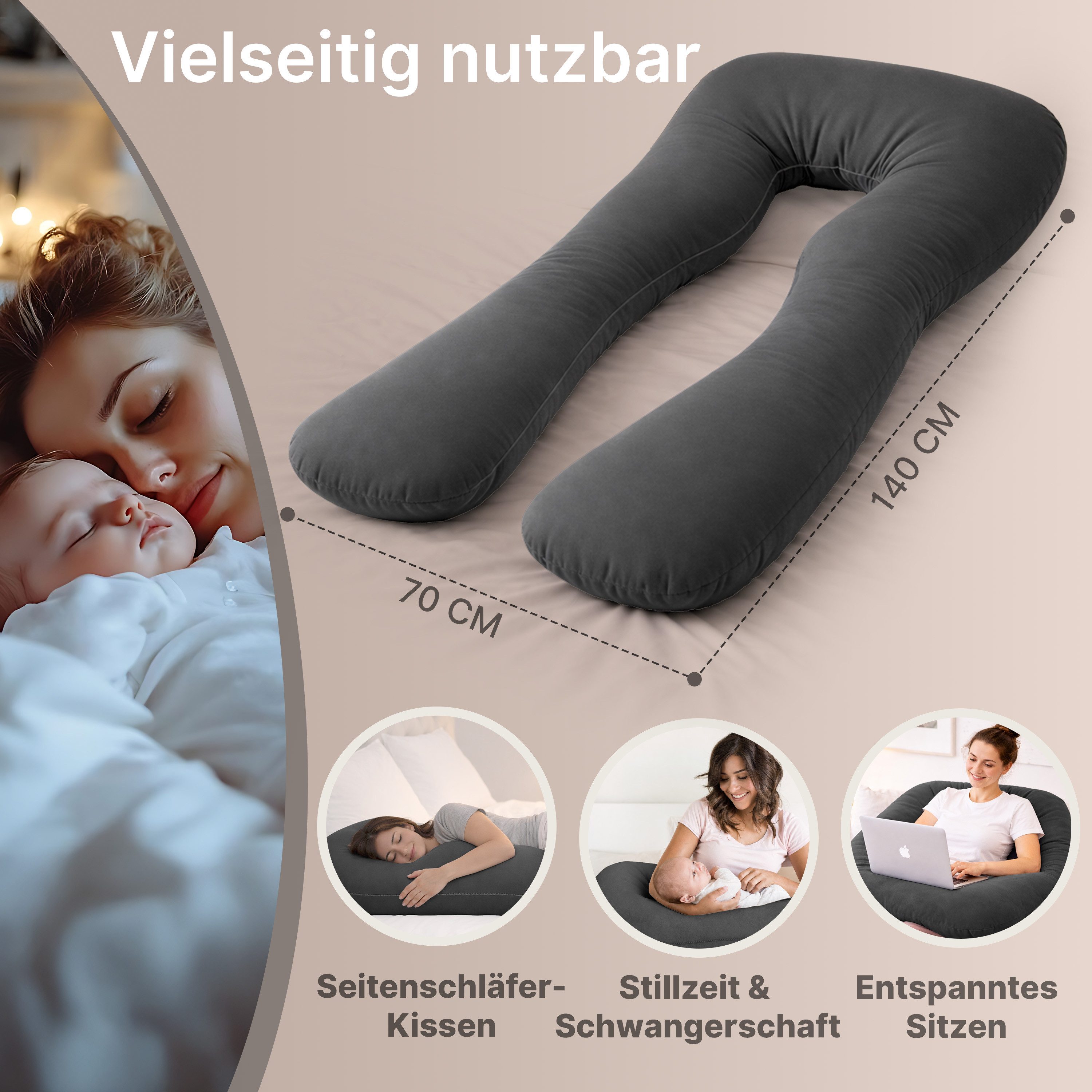 ELONEO Seitenschläferkissen XXL - Multifunktionskissen mit Bezug, formstabil, druckentlastend, bequem