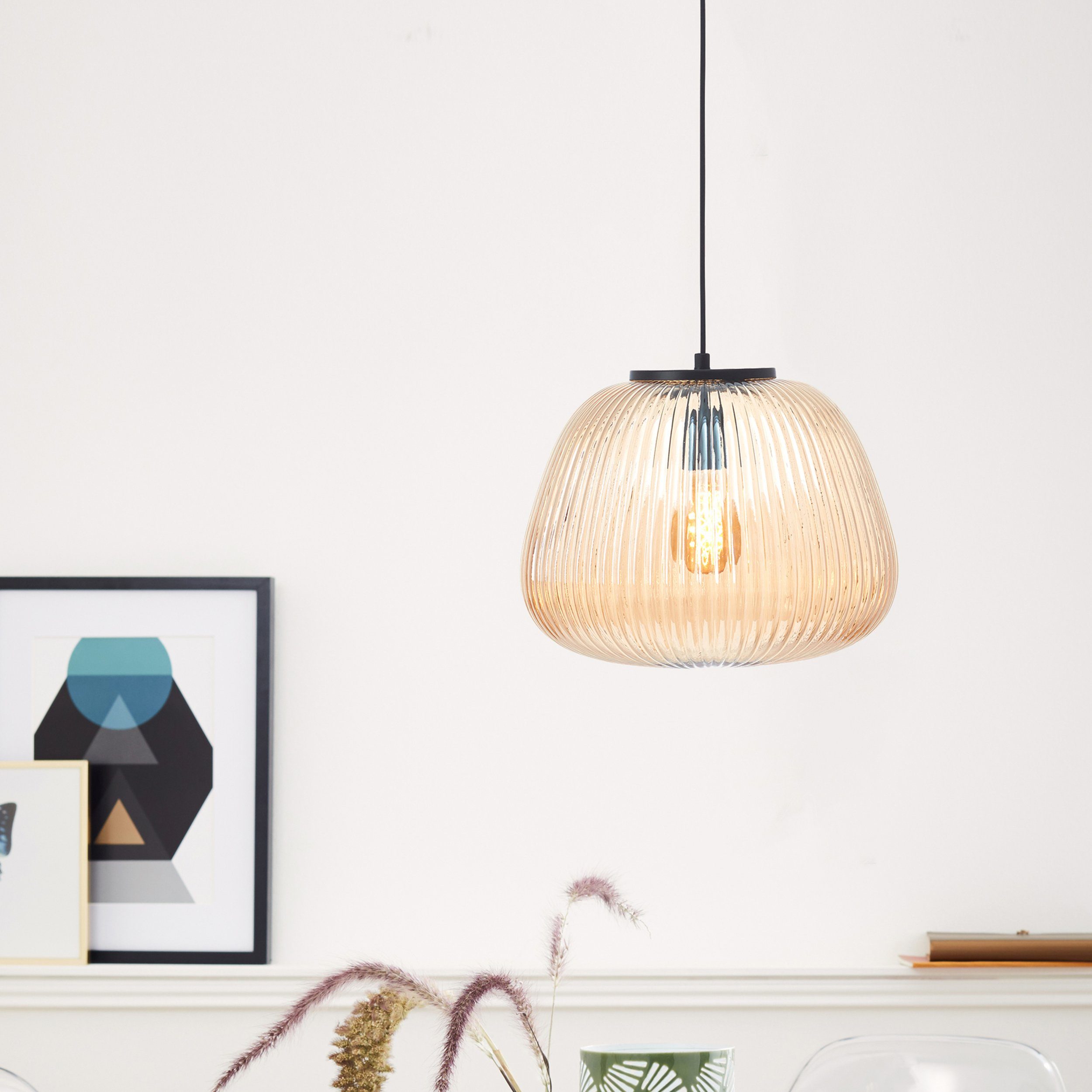 Brilliant Pendelleuchte Kaizen, ohne Leuchtmittel, Riffelglas, D 35 cm, E27, kürzbar, Amber-Bernsteinfarben