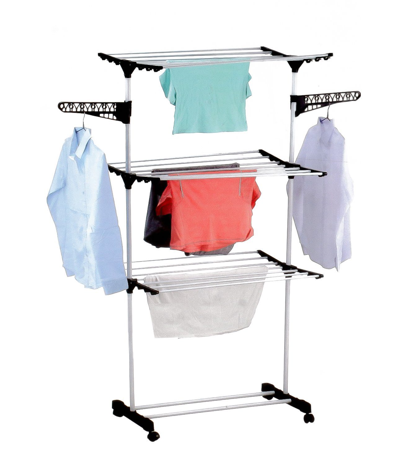 Bubble-Store Wäscheständer Turmwäscheständer mit Rollen, Fahrbarer Wäscheständer, 3 Ebenen à 7 Wäschestangen und 2 Bügelhalter