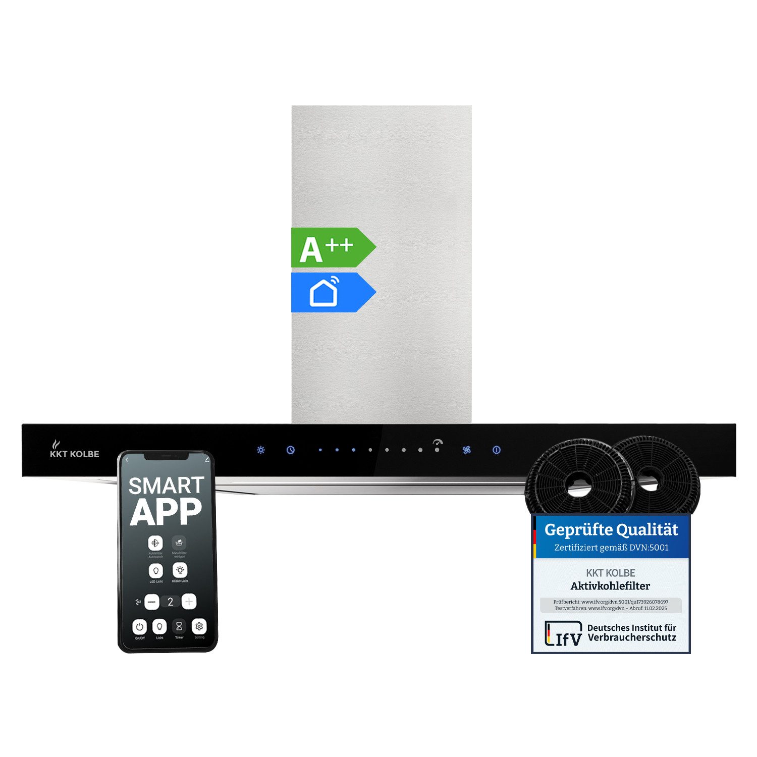 KKT KOLBE Wandhaube Dunstabzugshaube 60cm FLAT6006ED Dunstabzugshaube 60cm FLAT6006ED, Abzugshaube / Edelstahl / Schwarz / Glas / WIFI / 9 Stufen / LED