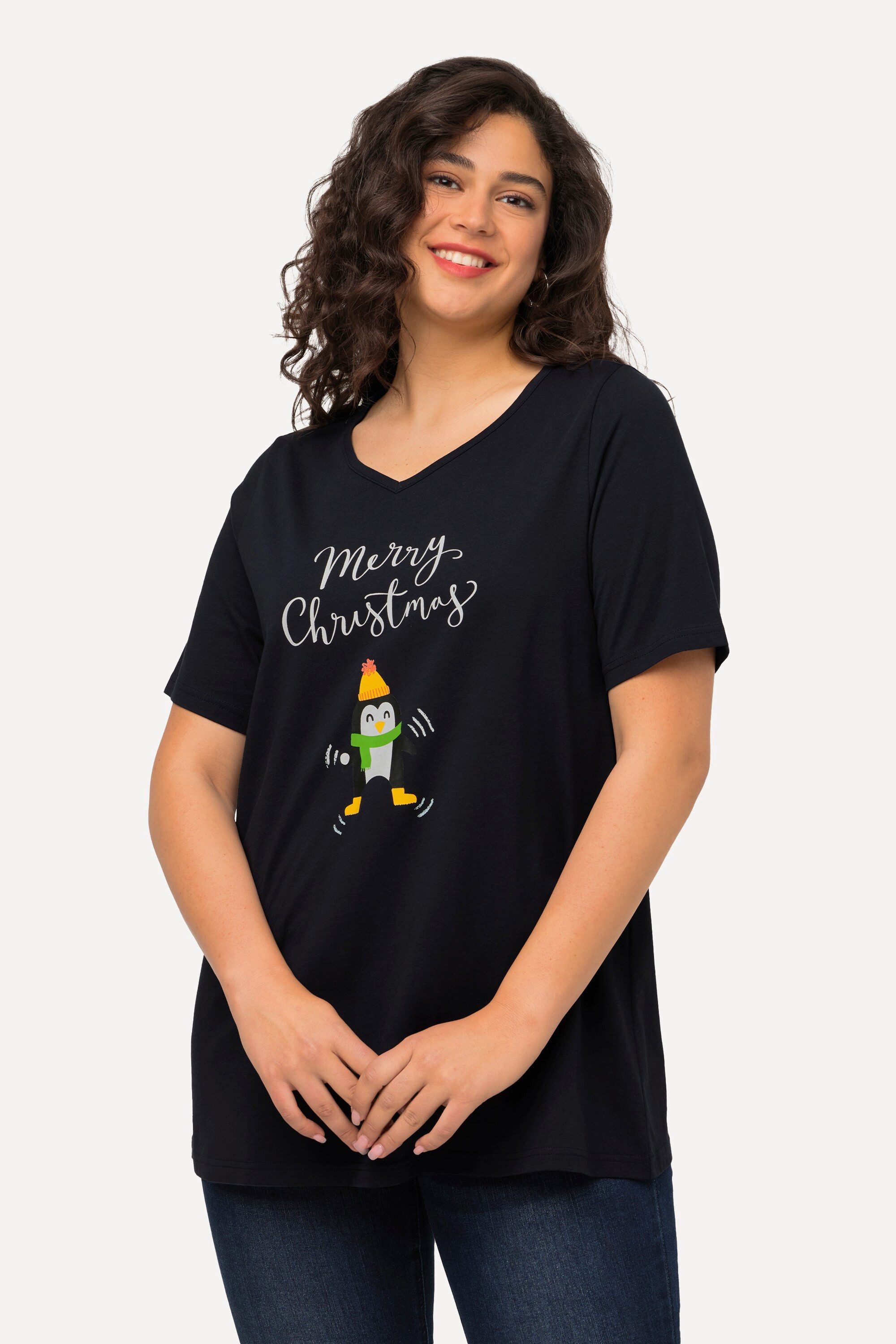 Ulla Popken T-Shirt Weihnachts-Shirt Pinguin A-Linie V-Ausschnitt günstig online kaufen