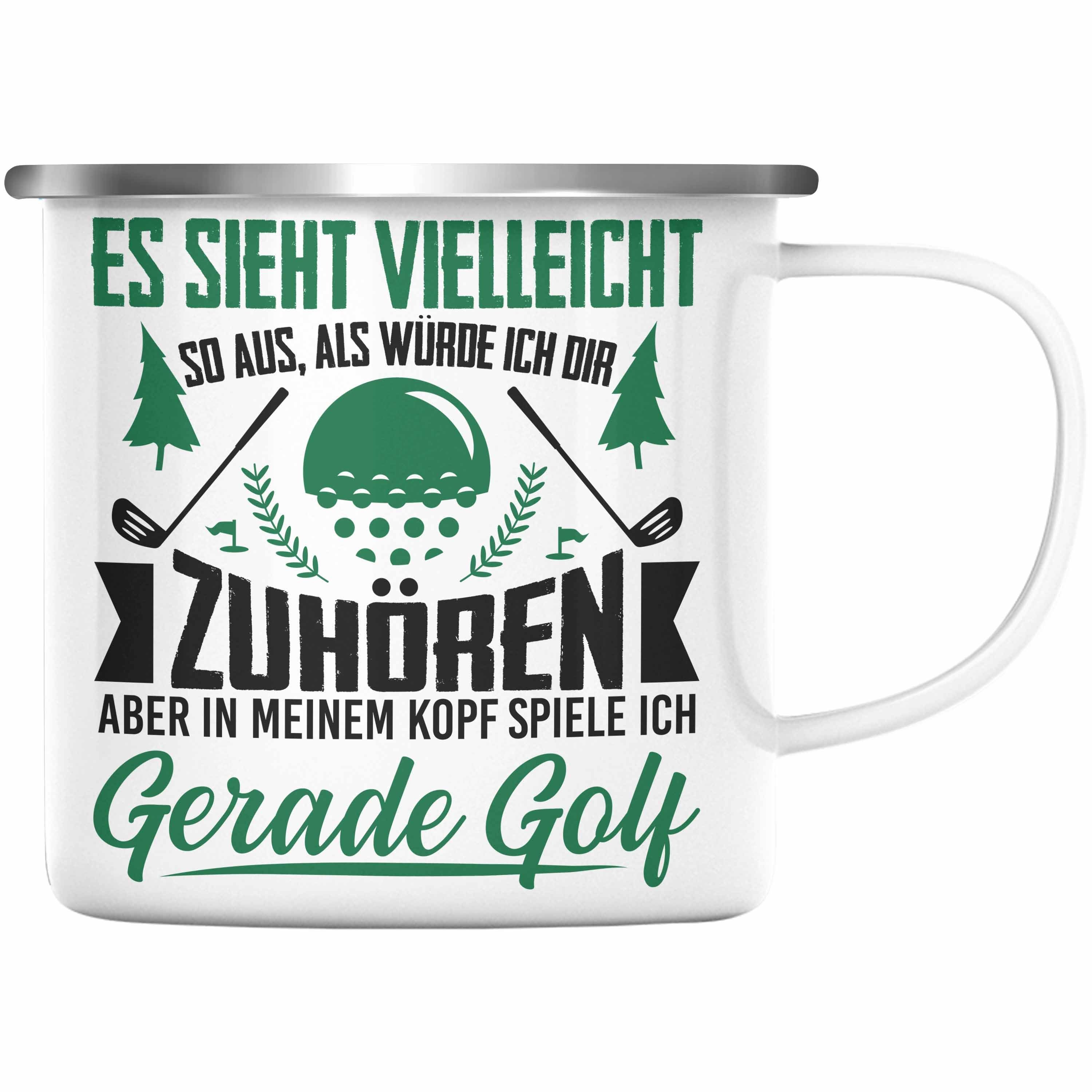 Trendation Thermotasse Trendation - Golfer Geschenk Golf Emaille Tasse mit Spruch - KaffeeEmaille Tasse für Golfer Geschenkidee Silber