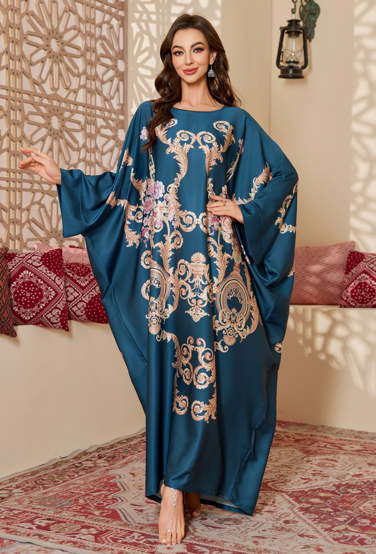 Vivi Idee Morgenmantel Kaftan Kimono Bademantel, Schlafmantel satin Sauna Einheitsgröße, Rund-Kragen/V-Kragen, Bindegürtel, Einheitsgröße, seidig