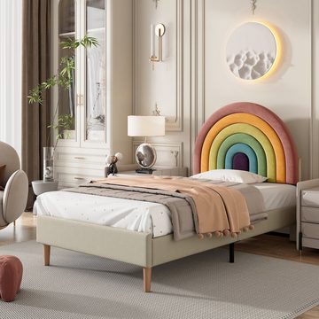 Flieks Polsterbett, Kinderbett mit verstellbarem Regenbogen-Kopfteil 90x200cm Samt