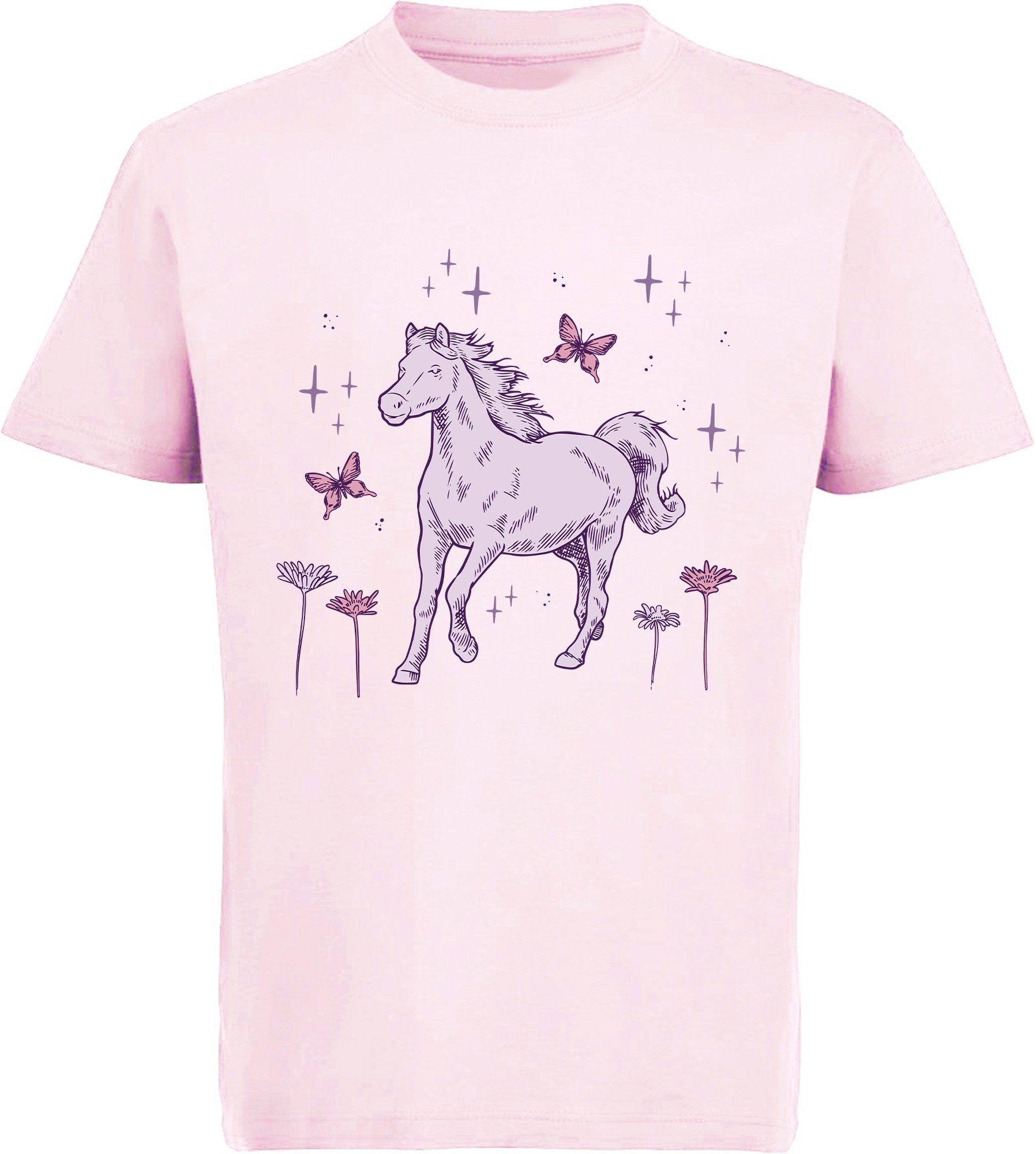 T-Shirt MyDesign24 i144 Aufdruck, Print-Shirt rosa Pferd bedrucktes Blumen Mädchen mit Baumwollshirt und galoppierendes