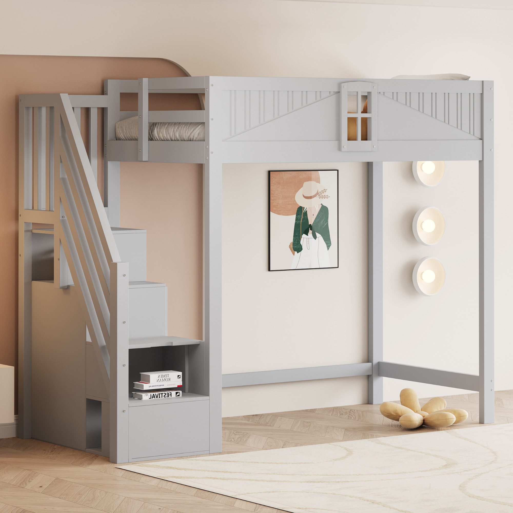 Flieks Hochbett Kinderbett 90x200cm mit Stauraumtreppe (Links und Rechts Austauschbar) – Bild 2 von 5