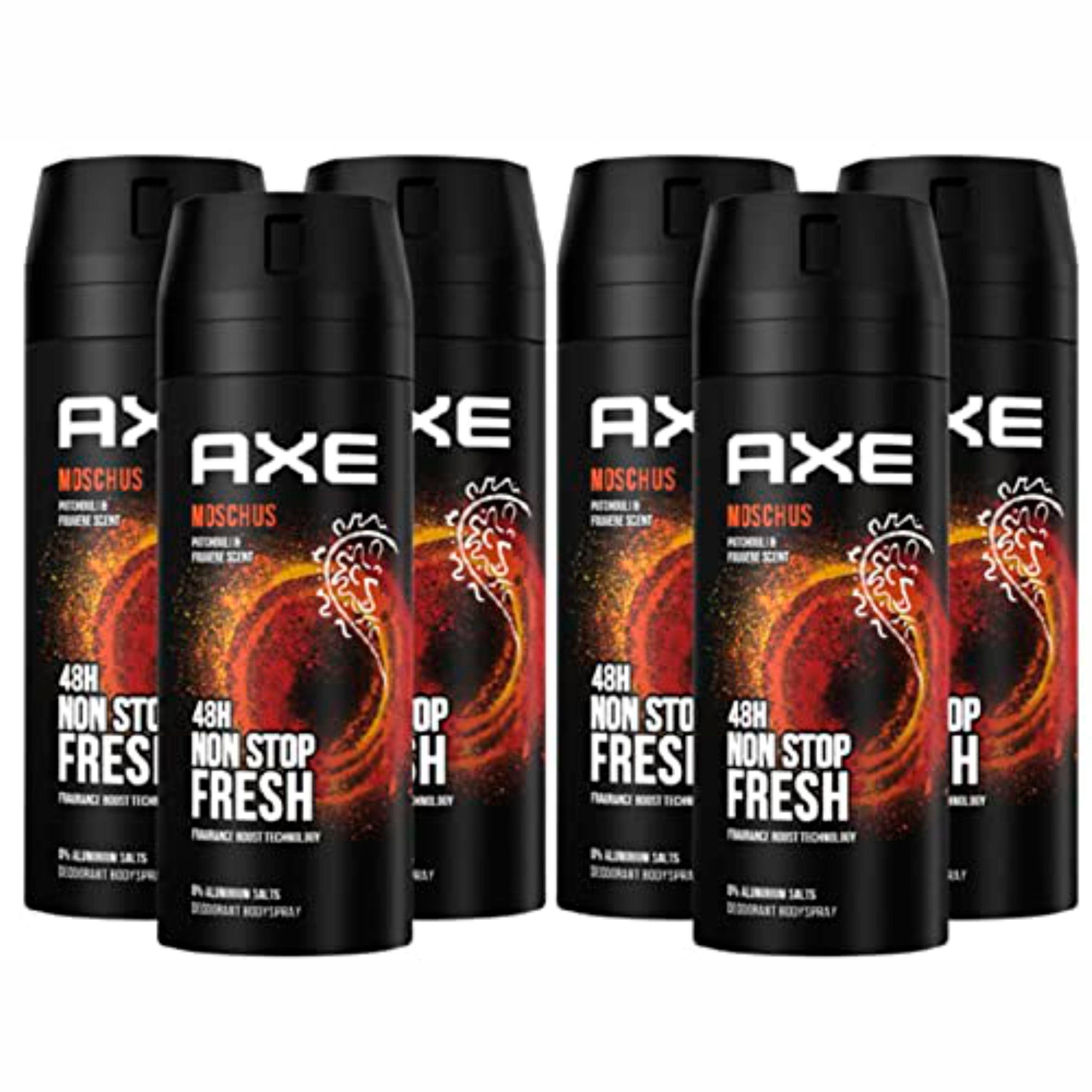 axe Deo-Spray 6x Axe Bodyspray Moschus ohne Aluminiumsalze - 150 ml (Musk), 6-tlg., bekämpft geruchsbildende Bakterien und unangenehme Gerüche