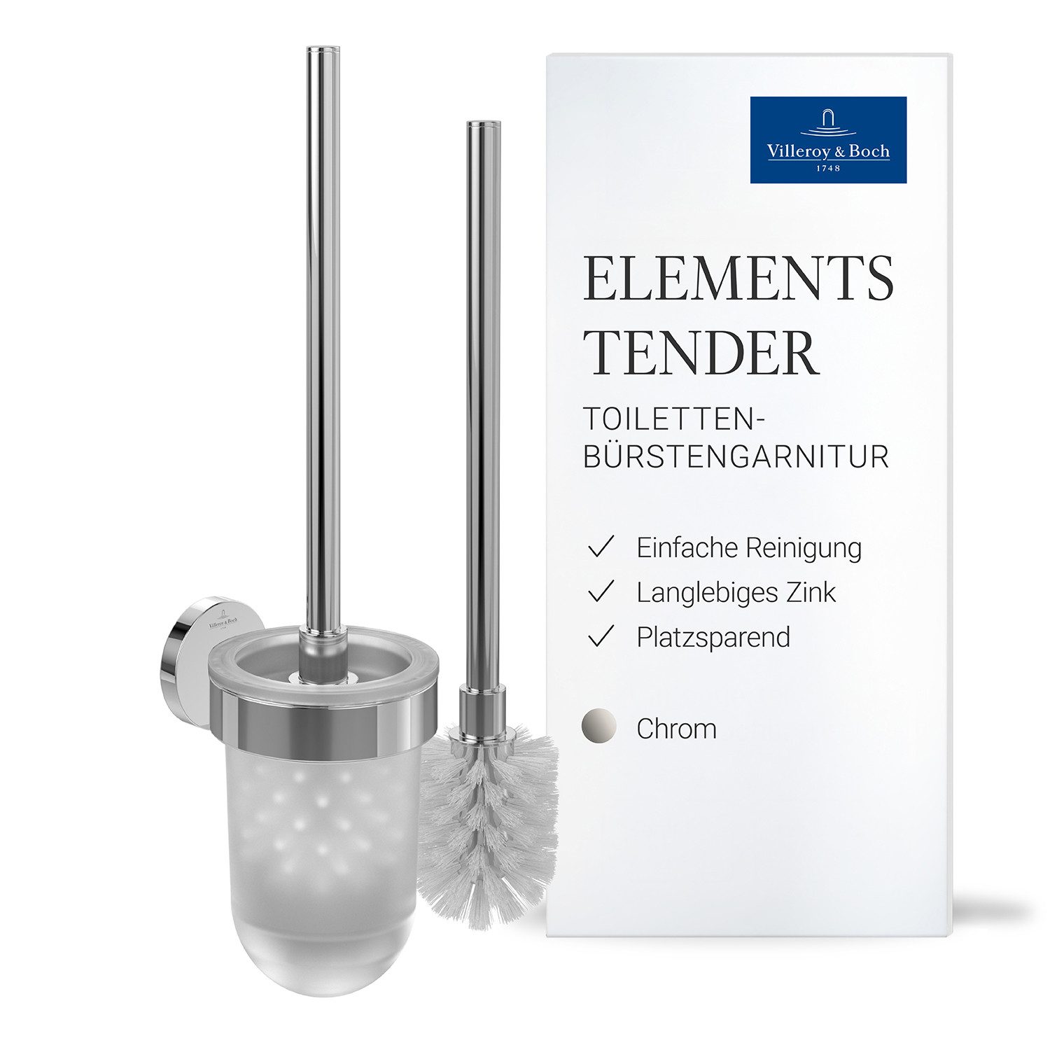 Villeroy & Boch WC-Reinigungsbürste Elements - Tender Toilettenbürstengarnitur, Toilettenbürstengarnitur, Wandmontage, satiniertes Glas, Chrom
