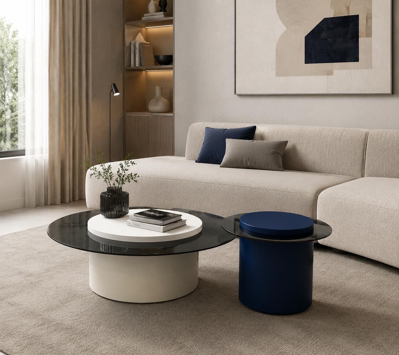 JVmoebel Couchtisch Wohnzimmer Tisch Set Couchtisch Rund Glas mit Blauem Beistelltisch, Made in Europa