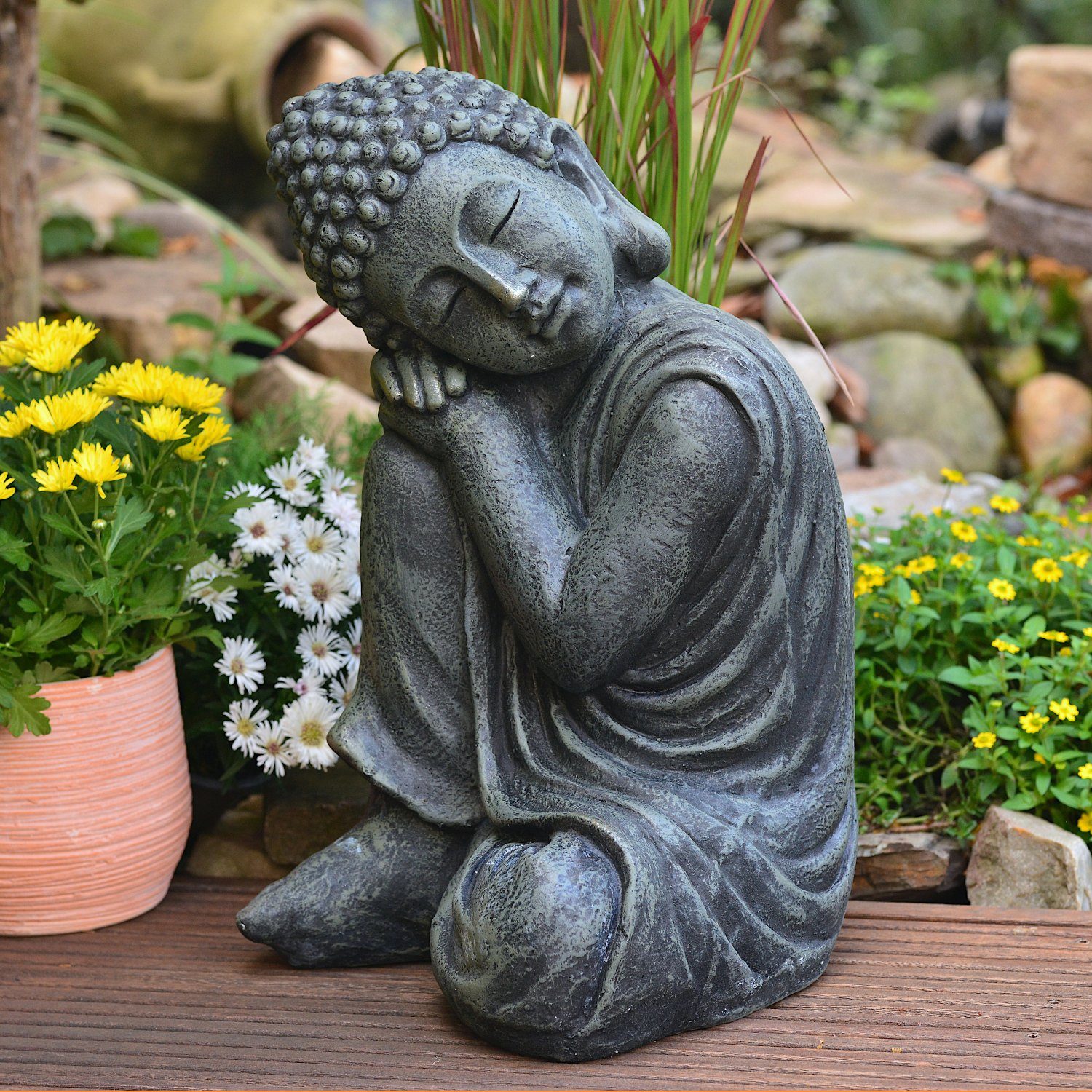 Buddha Garten wetterfest und Gartenfigur Außen für 44cm, Innen Schlafender INtrenDU