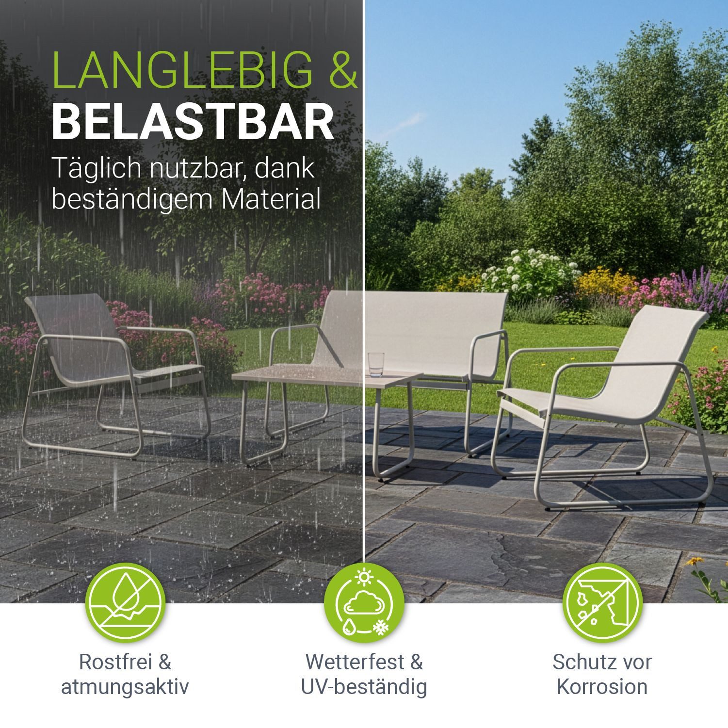 Juskys Gartenlounge-Set Genua, (4-tlg), 4-teilig, UV-beständig, Metallgestell, Tisch mit Glasplatte