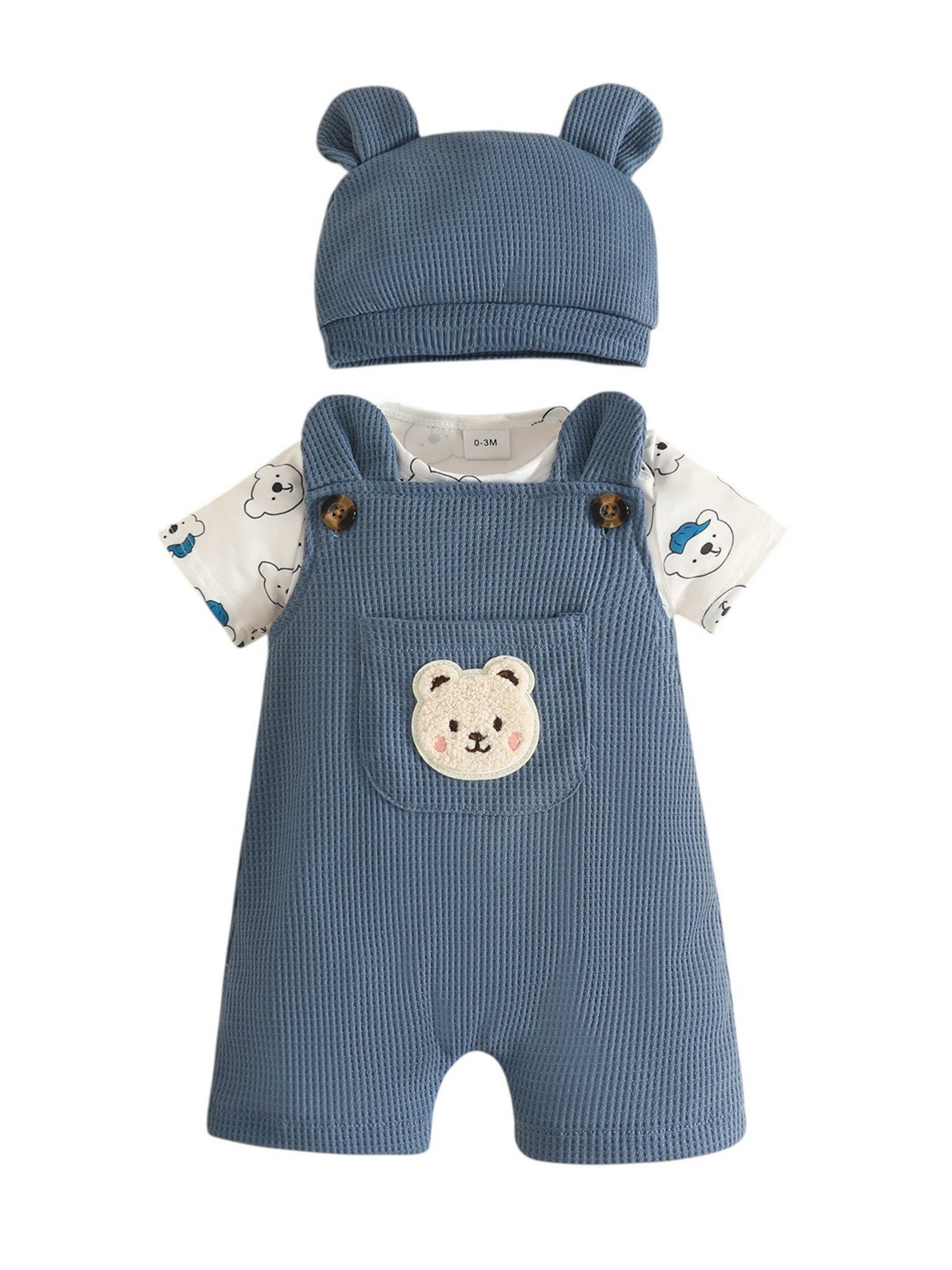 Lapastyle Strampler Baby Jungen Freizeitanzug, Sommer Set für Neugeborene mit Bärenabdruck (Set, 3-tlg) Kurzarmshirt & Latzhose & und Mütze, Niedliches Set, Festliche Kostüme