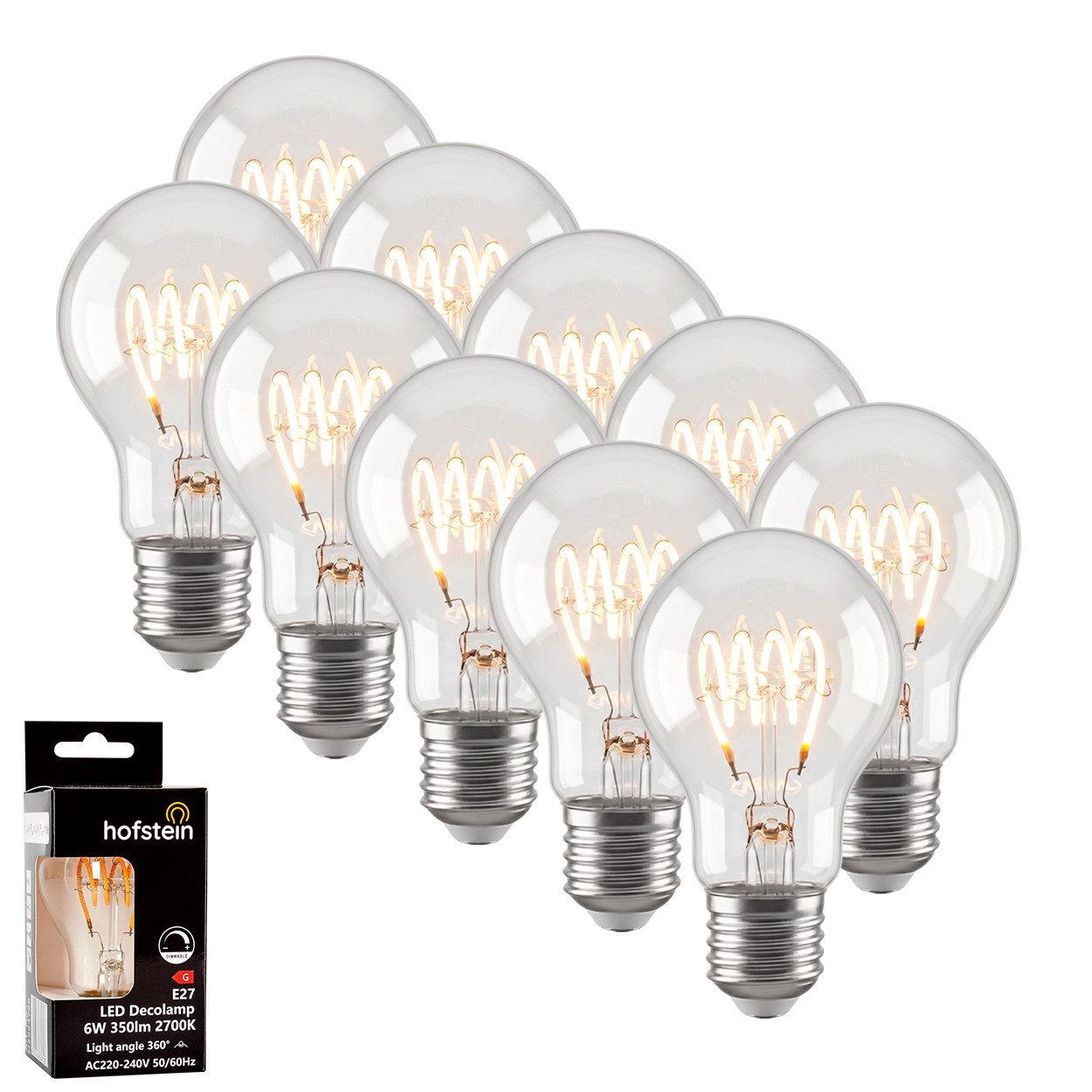 hofstein LED-Leuchtmittel 10er Set Glühbirne Warmweiß dimmbar 6 Watt, E27, 2700 Kelvin, 350 Lumen, Klassisch, Filament Spirale, Klar