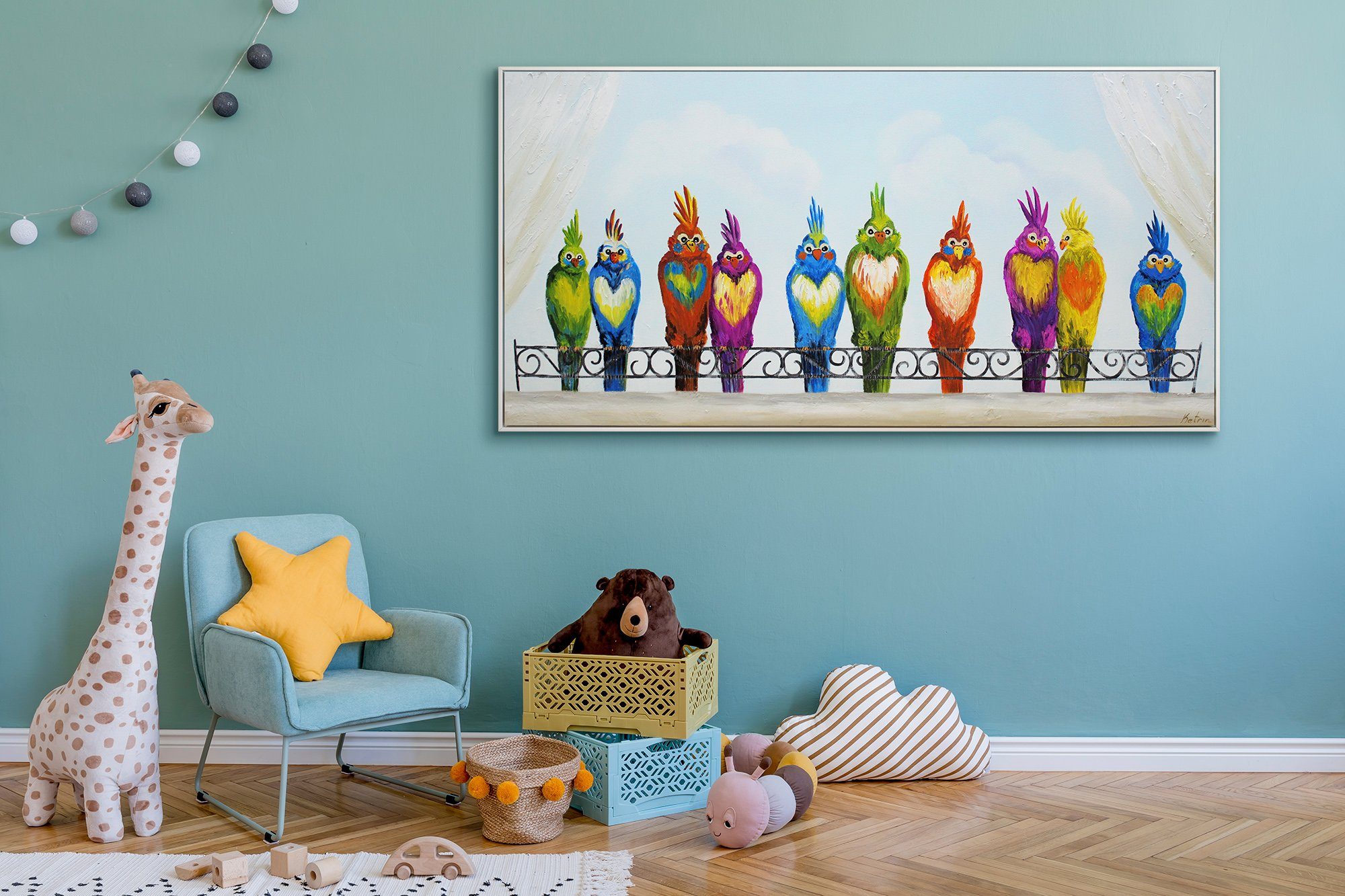 YS-Art Gemälde Lustige Vögel, Bild Bunte in Vögel Mit Rahmen Papagei Tiere, Lustige Weiß auf Handgemalt Leinwand