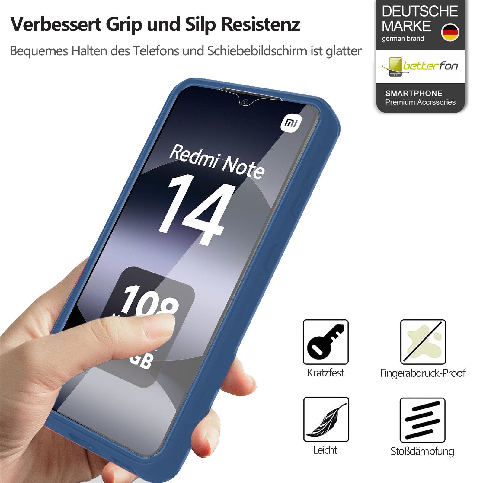 betterfon Handyhülle für Xiaomi Redmi Note 14 4G TPU Schutzcase, 2-teiliges 360 Grad Case mit Rundumschutz und Displayschutz – Bild 3 von 5