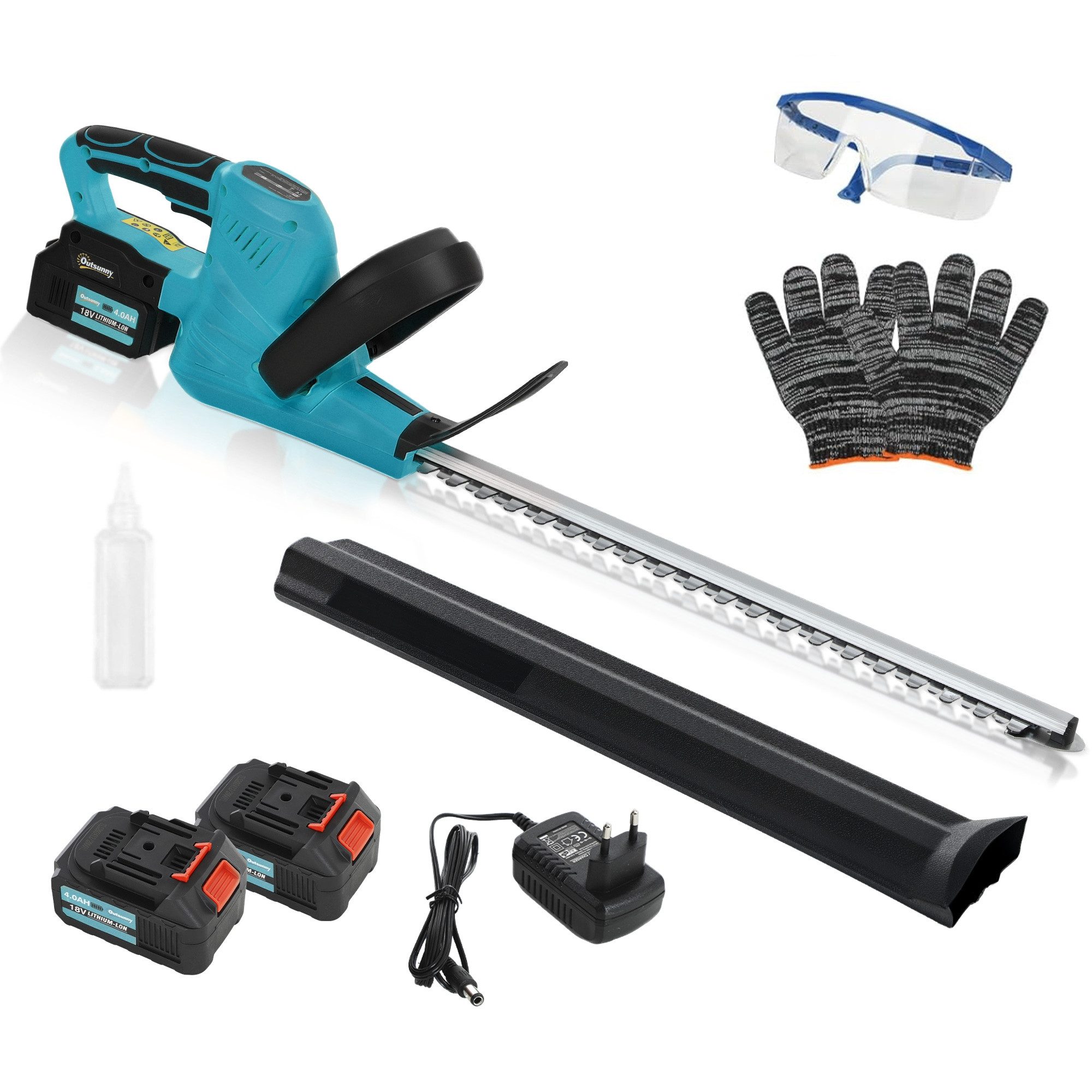 ibettertec Akku-Heckenschere 18V, 2x 4000mAh, 51cm Messerlänge, bürstenloser Motor, blau, inkl. Ladegerät & Schutzausrüstung