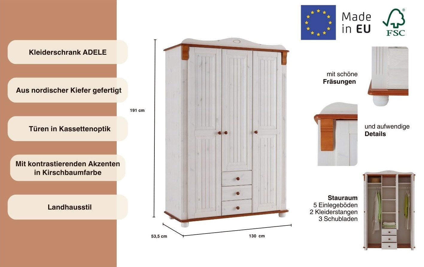 OTTO home Kleiderschrank Adele (Breite x Höhe x Tiefe ca: 130 cm x 191 cm x 53,5 cm) aus massiver Kiefer, Landhausstil – Bild 3 von 5