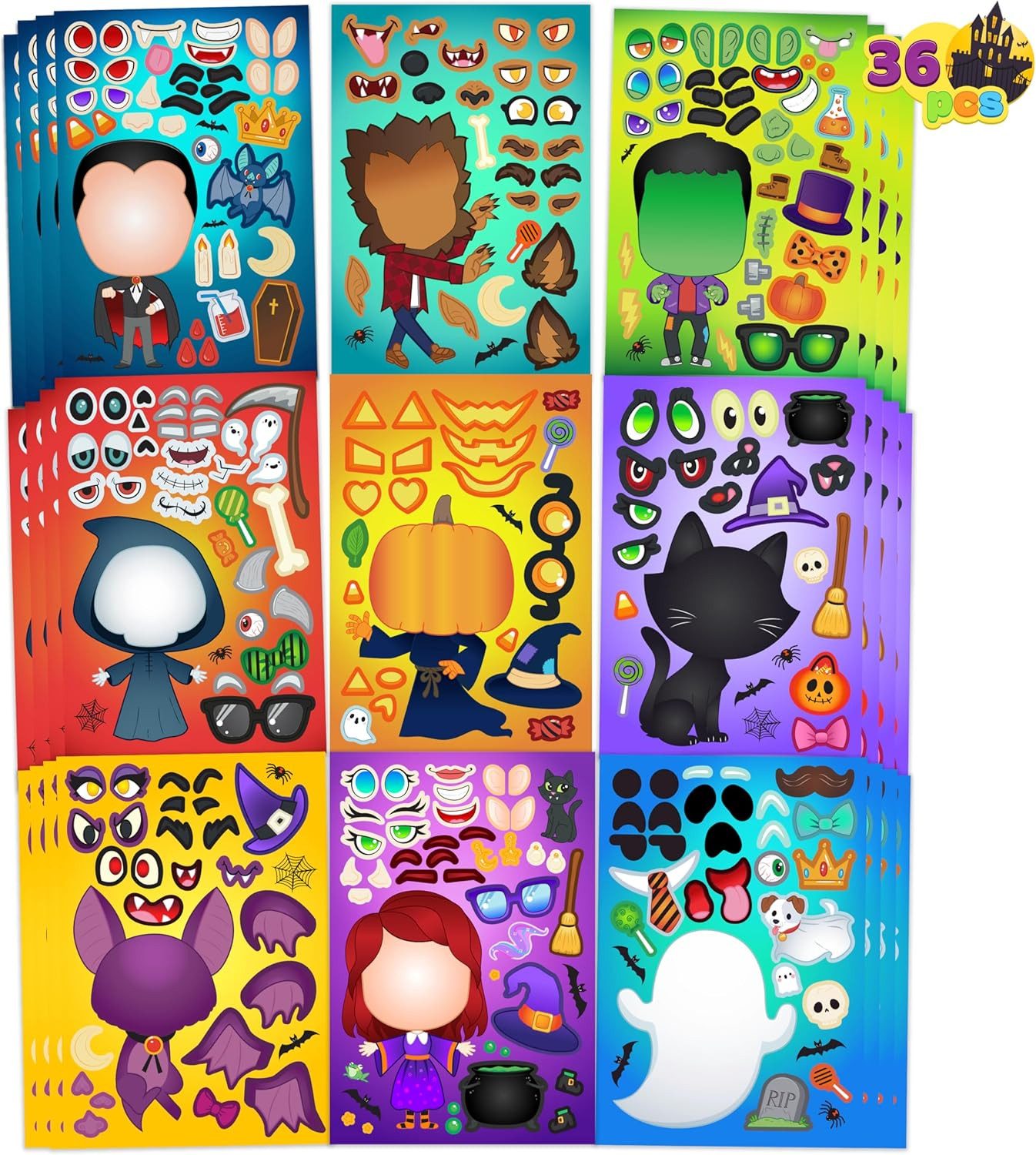 JOYIN Sticker JOYIN 36 Stk. Halloween Gesicht Aufkleber, 6 Designs, Basteln Kinder