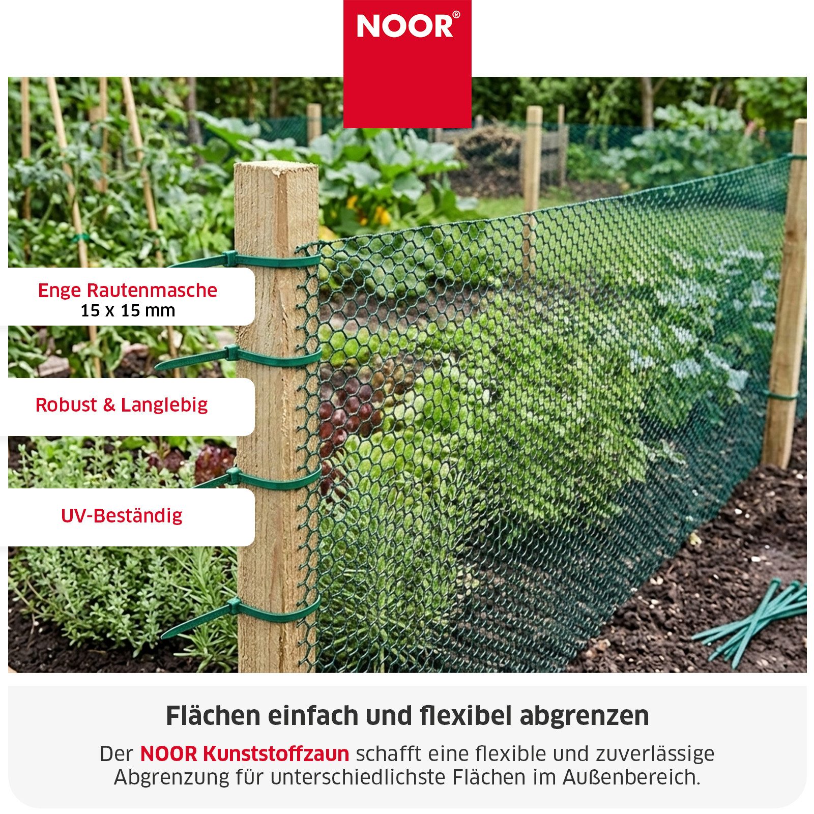 NOOR Gartenzaun Kunststoffzaun 270g/m2 - PVC ummantelt - 15x15 mm Maschenweite, Vielseitig einsetzbares Drahtgeflecht - wetterfest & flexibel