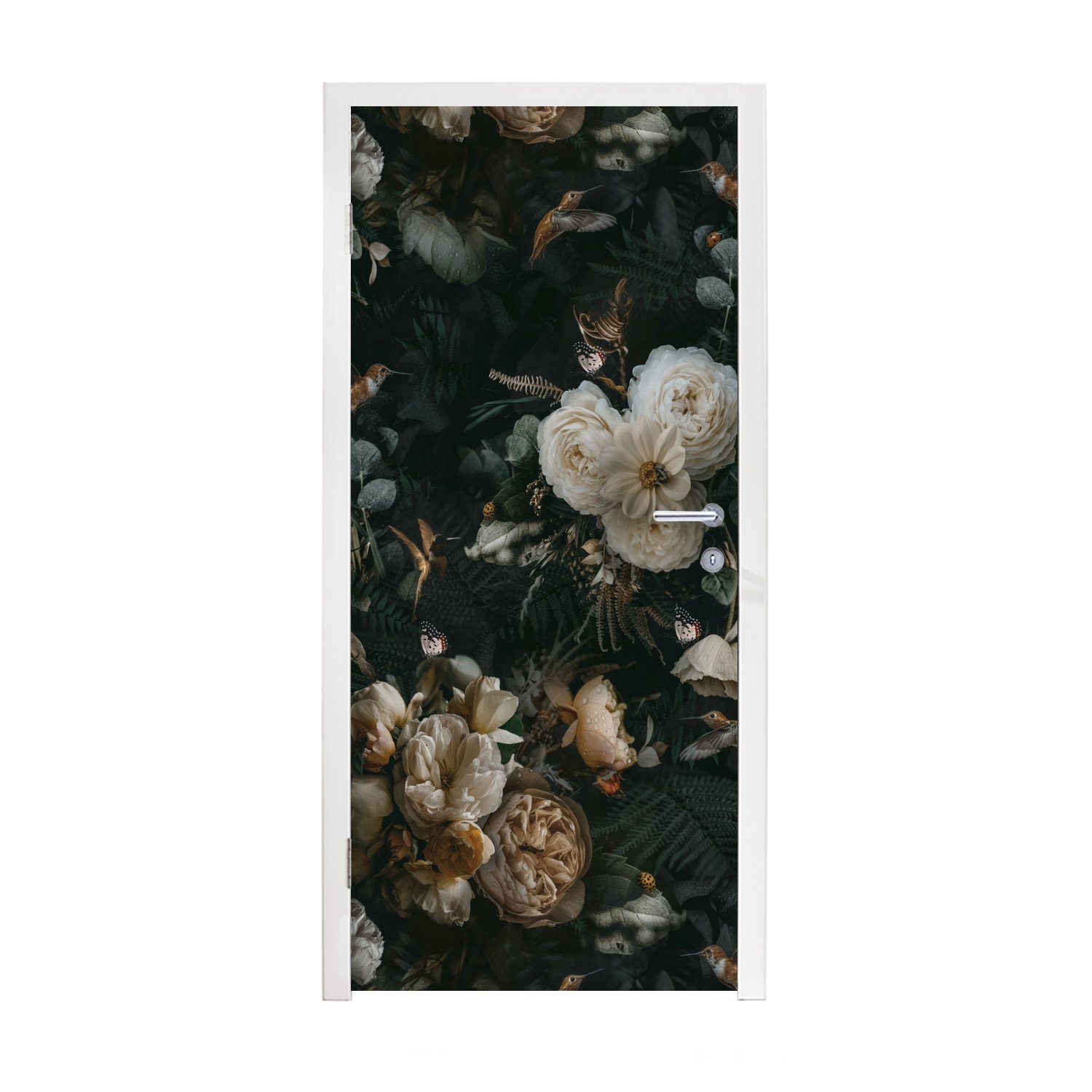 MuchoWow Türtapete Blumen (1 - St), für Tür, Türaufkleber, - bedruckt, Fototapete cm Muster Vogel, Matt, 75x205