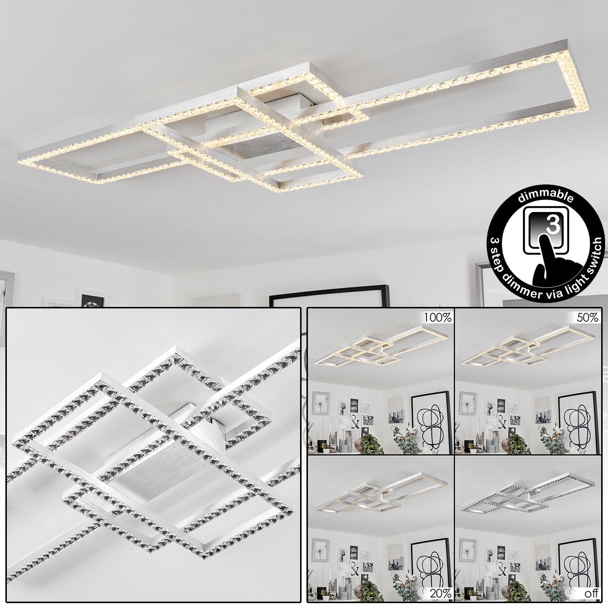 hofstein Deckenleuchte »Agnolo« Deckenlampe aus Metall/Kunststoff in Aluminium gebürstet/Klar, 3000 Kelvin, mkit Glitzer-Effekt, dimmbar über Lichtschalter, LED, 2000 Lumen