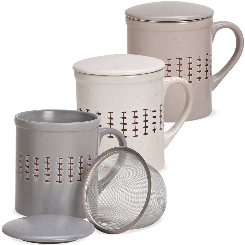 matches21 HOME & HOBBY Tasse Чашки 2er Set mit Deckel und Teesieb Landhaus-Stil gestreift, Keramik, Tee Kaffee-Becher Кофейные чашки, klassisch, grau weiss creme, 300 ml