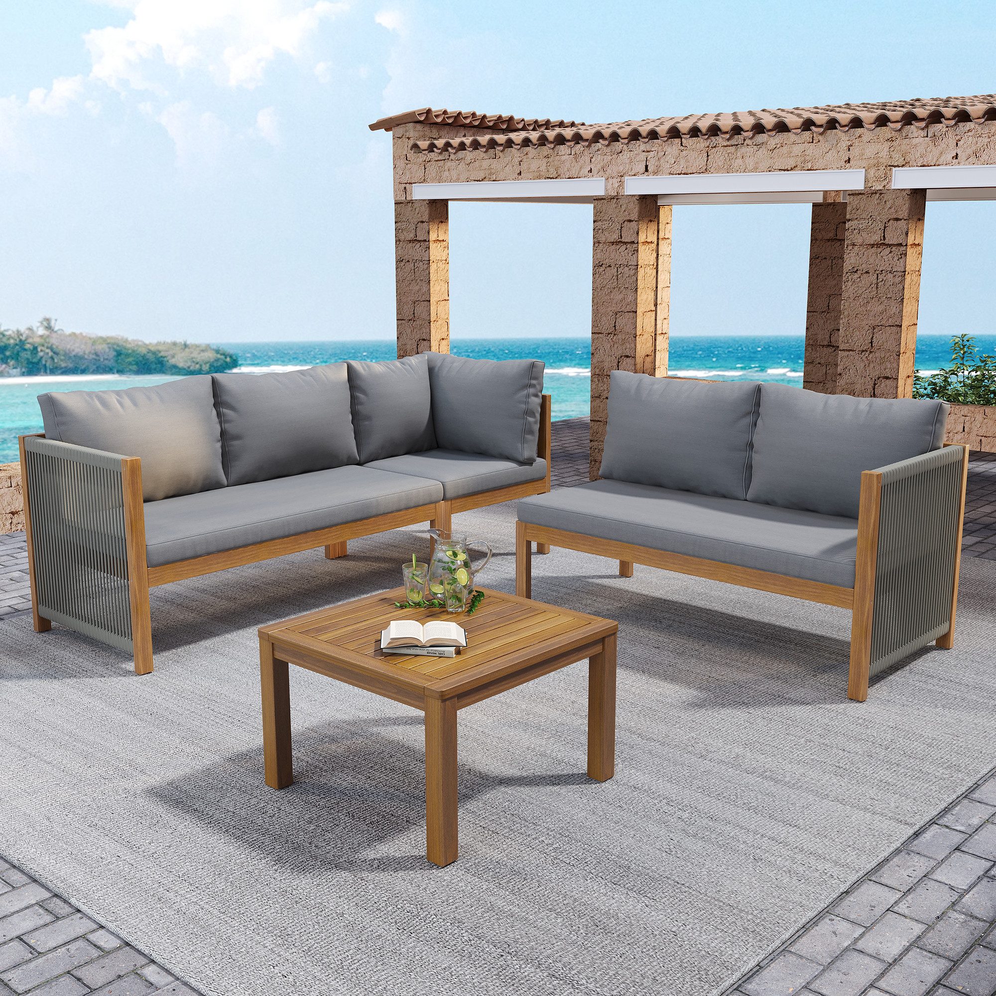 Merax Gartenlounge-Set aus Akazienholz und geflochtenen Seilen, (4-tlg., Sitzgruppe Gartengarnitur Balkonmöbel), 5-Sitzer Gartenmöbel-Set mit 2 2-Sitzer-Sofa, Ecksofa & Couchtisch