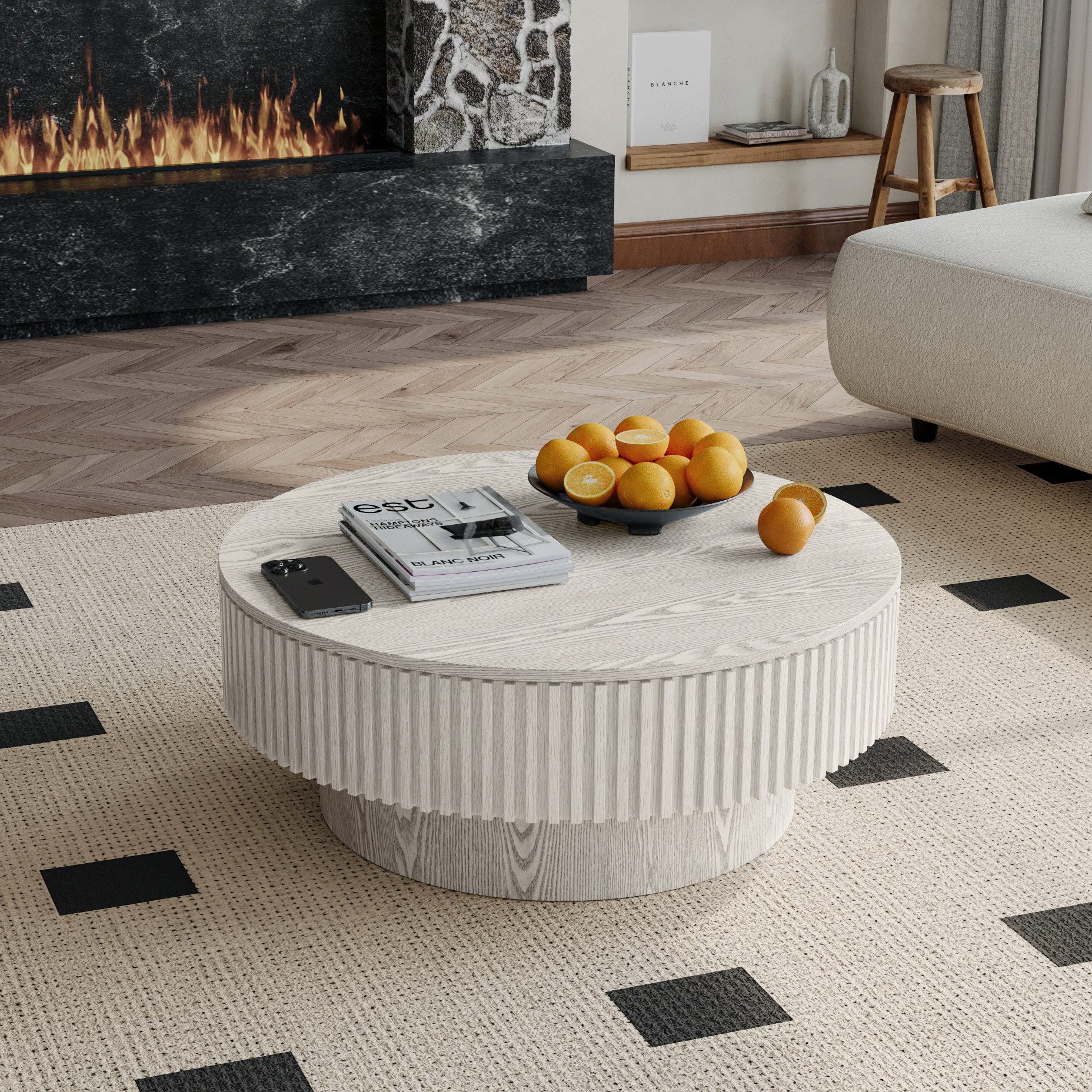 MODFU Couchtisch Ø 75 cm in Walnuss, mit Stauraum, MDF & Holzfurnier (Packung, 1-St., runder Akzenttisch, Stabile Holzkonstruktion, platzsparend & elegant), Ideal für Schlafzimmer, Wohnbereich & Arbeitszimmer