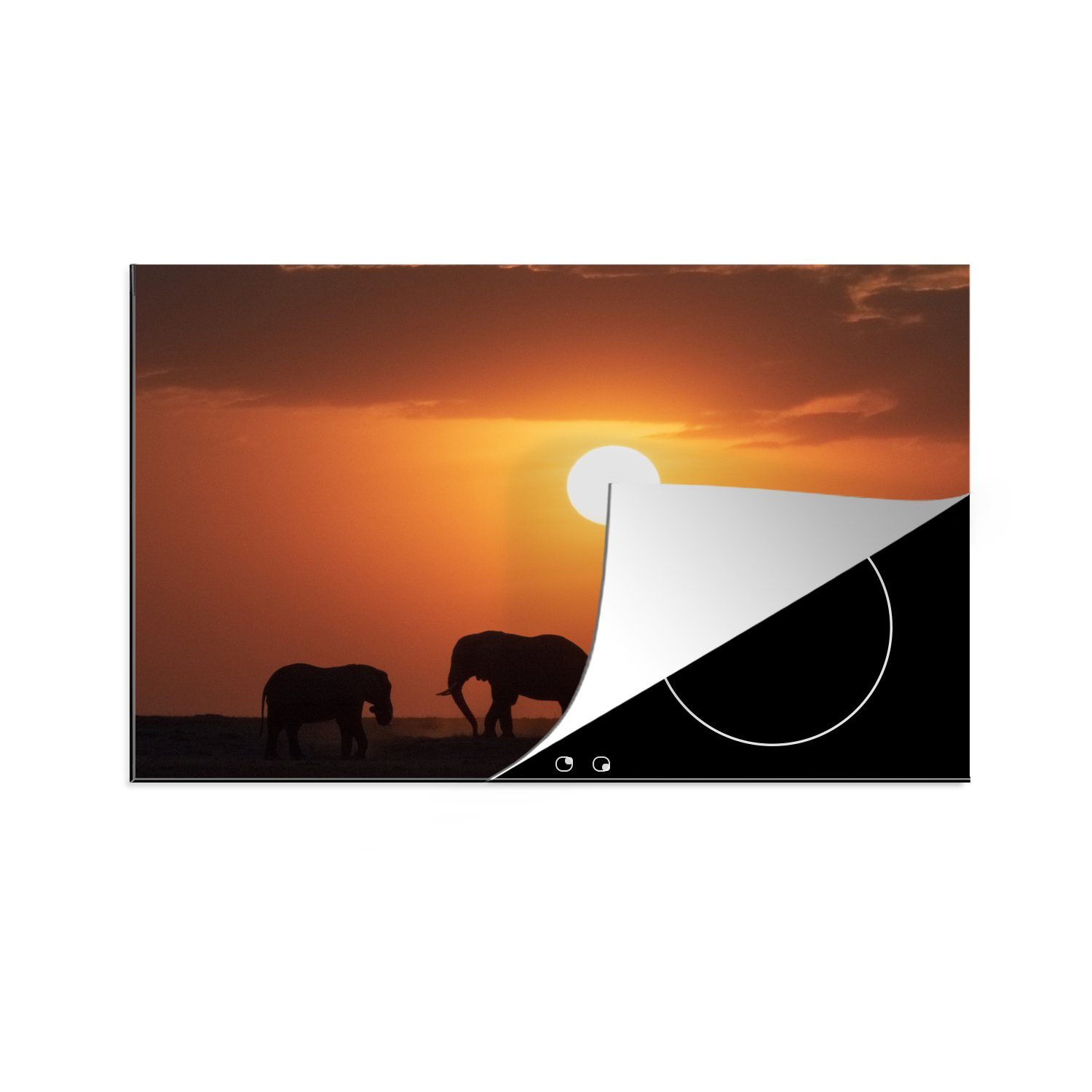 MuchoWow Herdblende-/Abdeckplatte Afrikanische Elefanten bei Sonnenuntergang, Vinyl, (1 tlg), 81x52 cm, Induktionskochfeld Schutz für die küche, Ceranfeldabdeckung