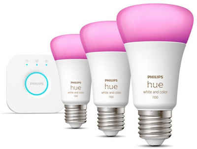 Philips Hue LED-Leuchtmittel White and Color E27 Starter Set 3 Lampen 1 Bridge Neuste Generation, 4 St.