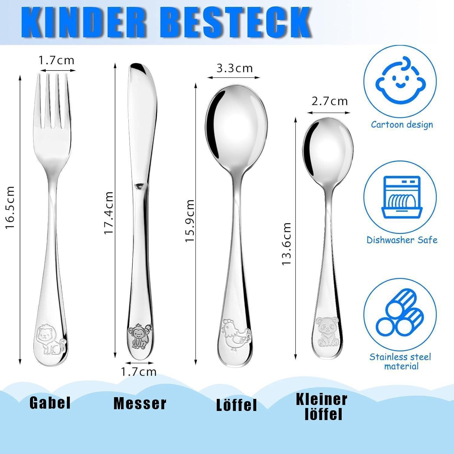 LuxusKollektion Kinderbesteck Kinderbesteck 4teilig Edelstahl Tiere Individualisiert Design A