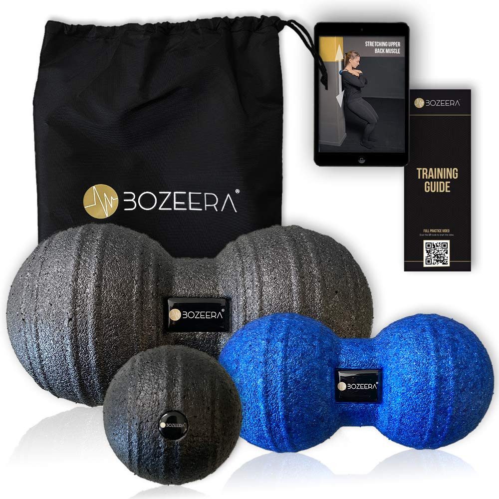 BOZEERA Massageball FASZIEN DUOBALL 12CM, DUOBALL 8 CM UND FASZIENMASSAGE BALL 8CM, Duoball Faszien Massage Bälle Set, Inkl. GRATIS Video-anleitung, Poster & Tasche