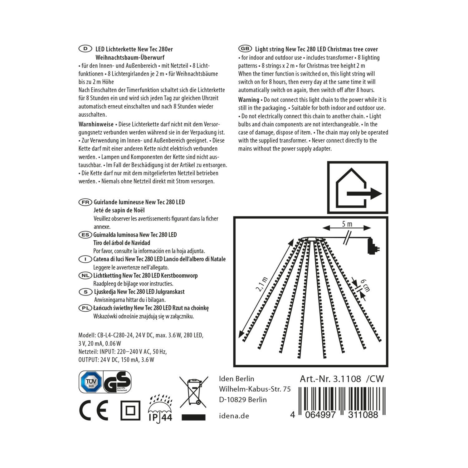 Idena LED-Lichterkette Idena 31108 - LED Lichterkette mit 280 LEDs in Warmweiß, NewTec Weihna