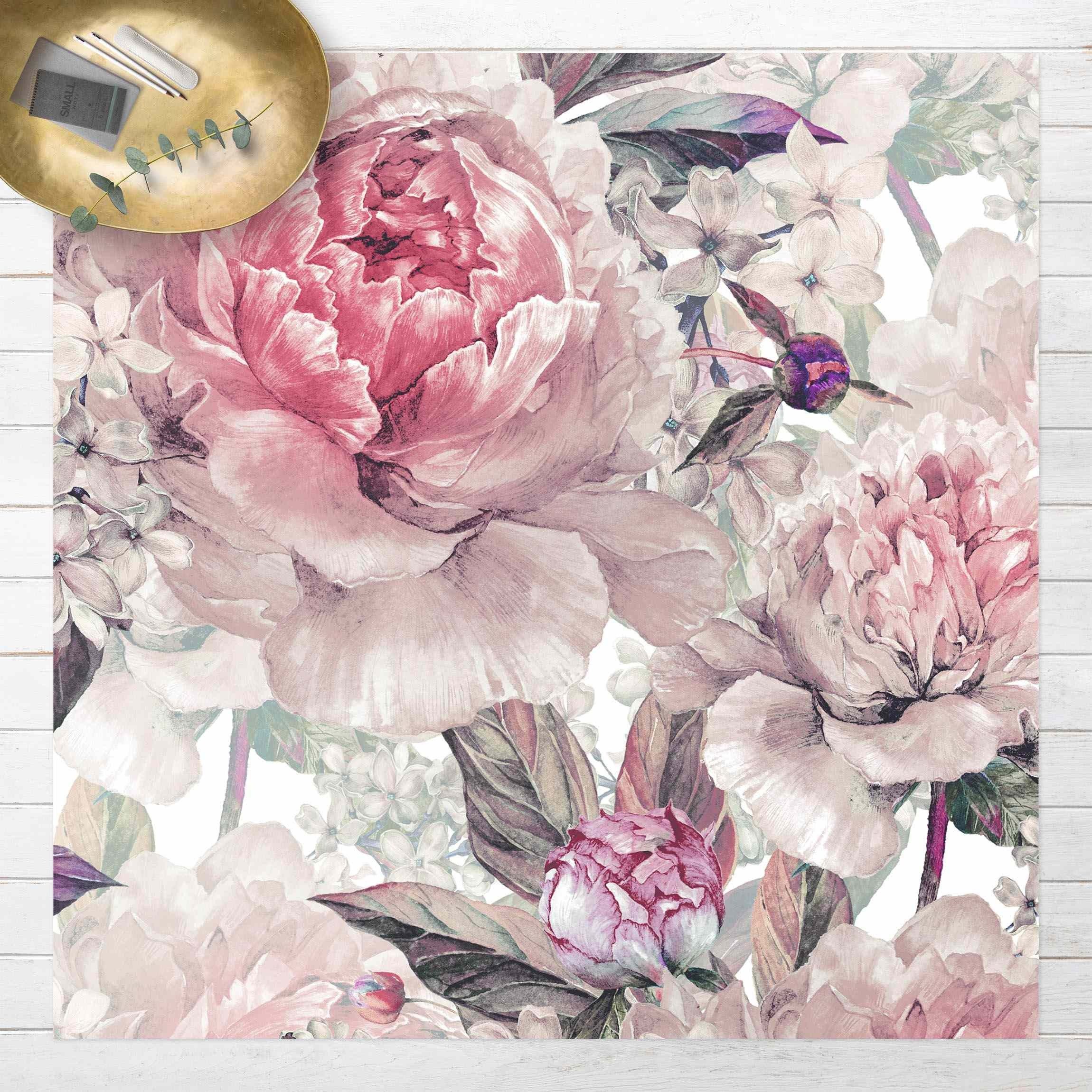 Bilderdepot24 Teppich Vinyl Wohnzimmer Schlafzimmer Flur Küche Blumen Landhaus, quadratisch - rosa glatt, nass wischbar (Küche, Tierhaare) - Saugroboter & Bodenheizung geeignet