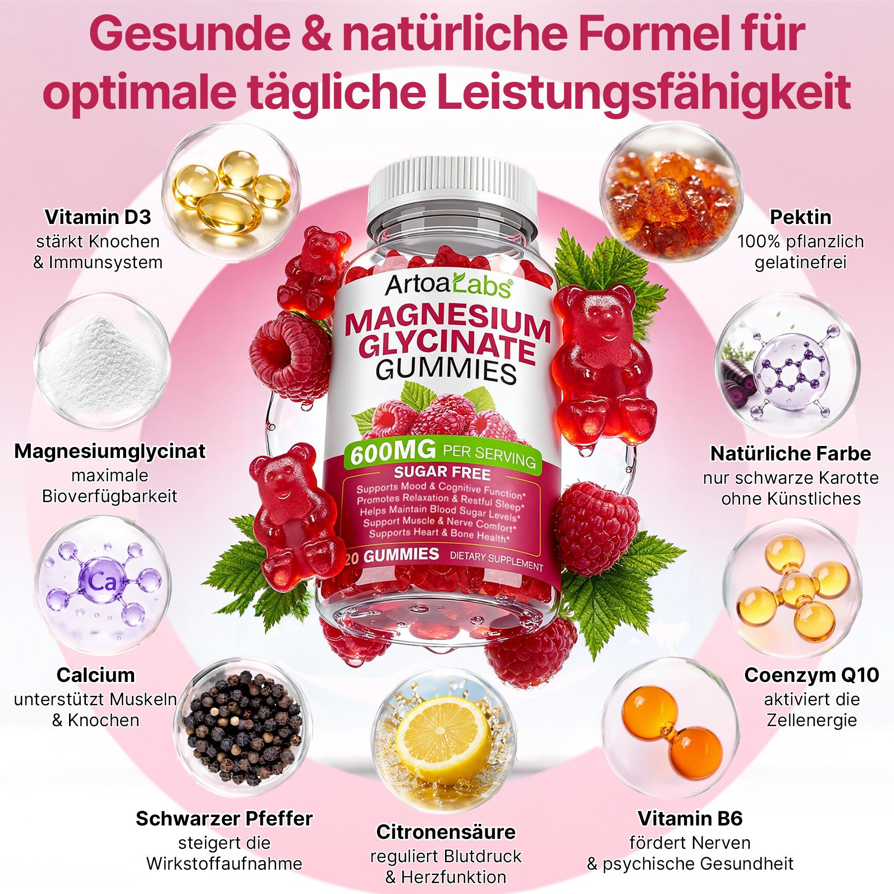 P-Beauty Cosmetic Accessories Magnesium Glycinat Gummis 600 mg Hochdosiert für Entspannung Superfood, Herz, Knochen, Vegan, Gesundheit, Superfood, Herz, Knochen, Vegan, Gesundheit