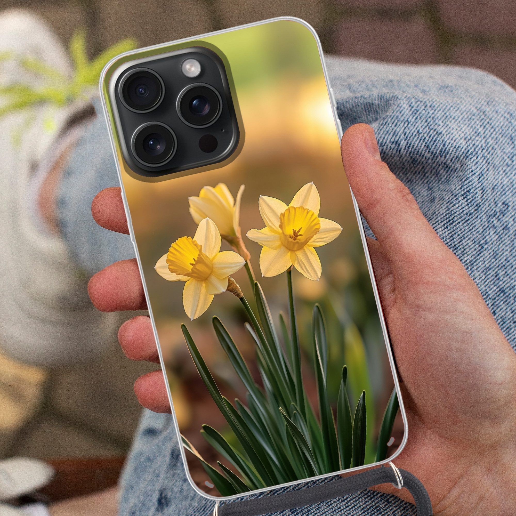MuchoWow Handyhülle für Apple iPhone 15 Pro Blumen - Gelb - Unscharf, Tragbare Handyhüllen mit Kette zum umhängen, Handykette Handyband