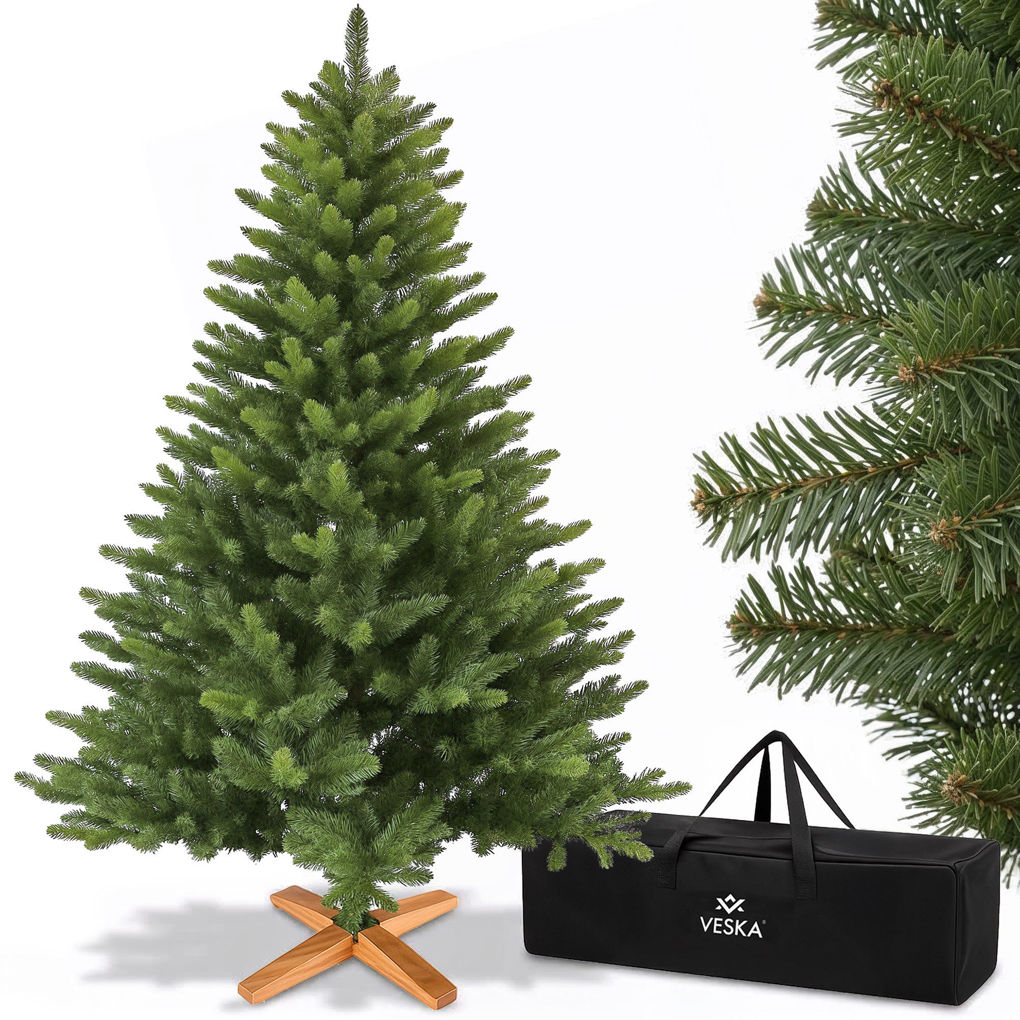 VESKA Künstlicher Weihnachtsbaum Naturgetreu mit Holzständer, Tannenbaum 140cm / 180 cm, dichte Zweige, mit Aufbewahrungstasche, LED Beleuchtung